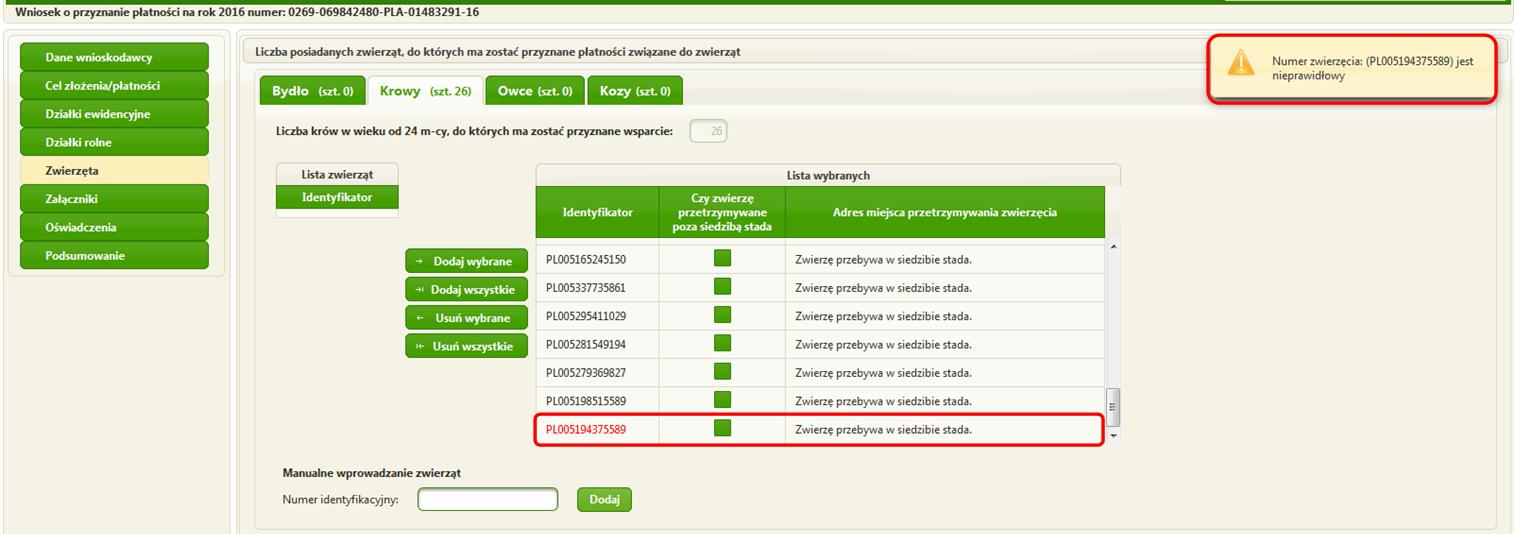Manualne wprowadzanie zwierząt aby manualnie wskazać zwierzę do płatności należy wpisać jego numer identyfikacyjny oraz użyć przycisk Dodaj.