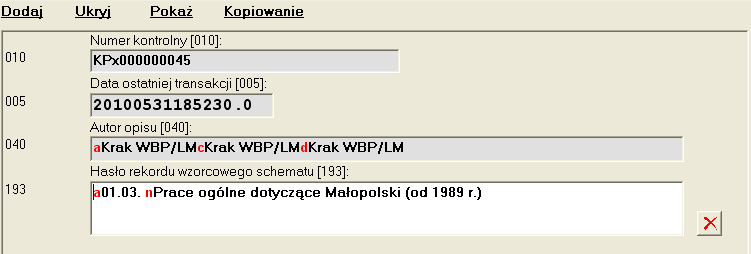 5. Rekordy wzorcowe schematu bibliografii Schemat redagowania bibliografii regionalnej określa budowę spisu treści planowanych wydruków.