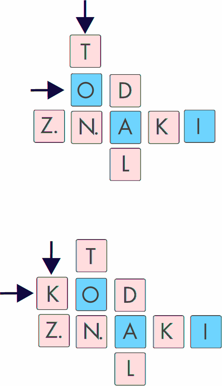 Nowy wyraz można również utworzyć prostopadle do słowa ułożonego wcześniej, wykorzystując jedną z jego liter - rys. 4.