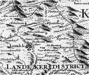 Fot. : Okolice Lądka-Zdroju na mapie z 1720 # Zdroje lądeckie ponownie dotknęła stagnacja w wyniku trzech wojen śląskich w połowie XVIII wieku. W roku 1742 Lądek-Zdrój znalazł się w granicach Prus.