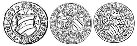 Rysunek : Herby hrabstwa kłodzkiego na monetach z lat 1500-1554 # Rysunek : Herb księstwa ziębicko-oleśnickiego z monety z 1623, widać już częściowe wyprostowanie skosów # Rysunek : Herb hrabstwa