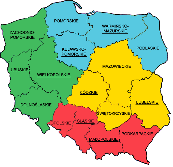 1 Śląskie 2 Łódzkie 3 Małopolskie 4 Podkarpackie 5 Świętokrzyskie 6 Lubelskie 7 Mazowieckie 8 Podlaskie 9 Warmińsko-Mazurskie 10 Kujawsko-Pomorskie 11