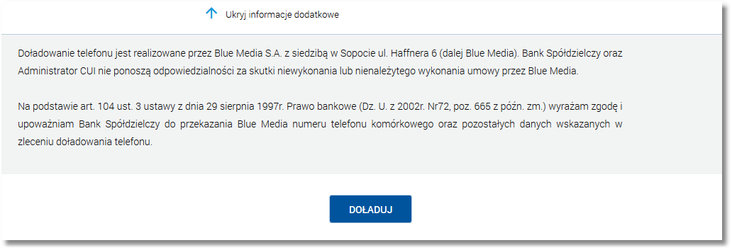 Regulamin - pole typu checkbox, potwierdzające zapoznanie się z regulaminem usługi natychmiastowego doładowania. Zaznaczenie pola jest obligatoryjne do realizacji doładowania telefonu.