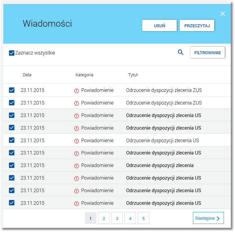 Dla wiadomości/powiadomień zaznaczonych, w polu checkboxa pojawia się ikonka.