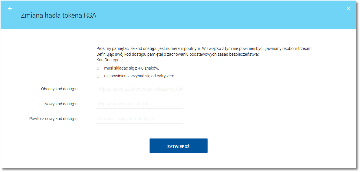 Nowy kod dostępu musi składać się z 4-8 cyfr, nie powinien zaczynać się od cyfry zero.