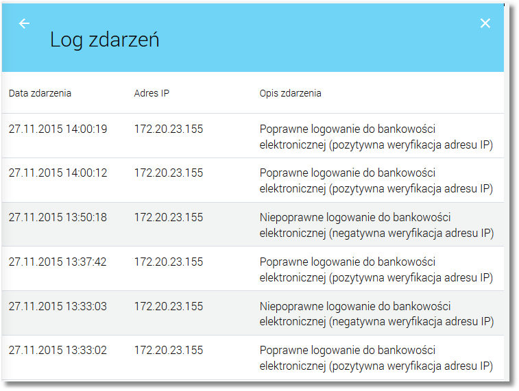 4.1.1.4. Log zdarzeń W opcji Log zdarzeń prezentowane jest 10 ostatnich zdarzeń logowania użytkownika na serwerze autoryzacyjnym (Guardian) posortowanych malejąco po dacie zdarzenia.