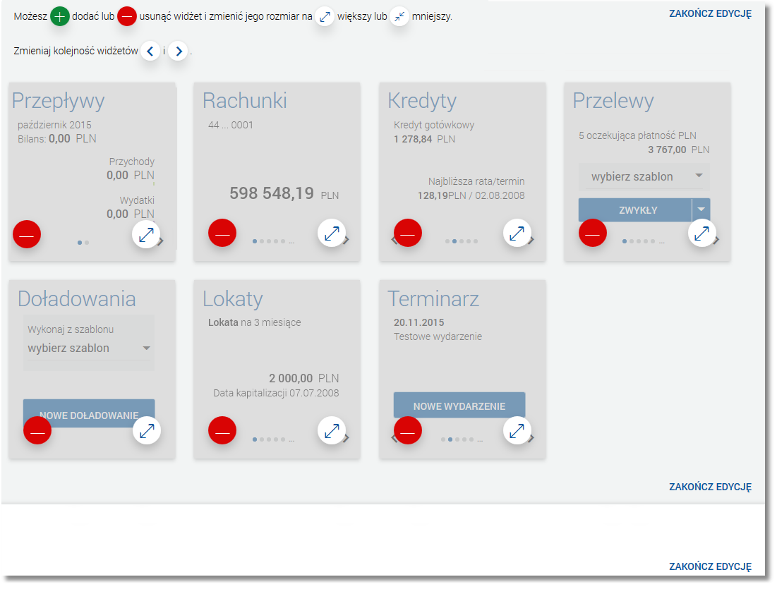 Edycja pulpitu odbywa się za pomocą przycisków znajdujących się na poszczególnych elementach.