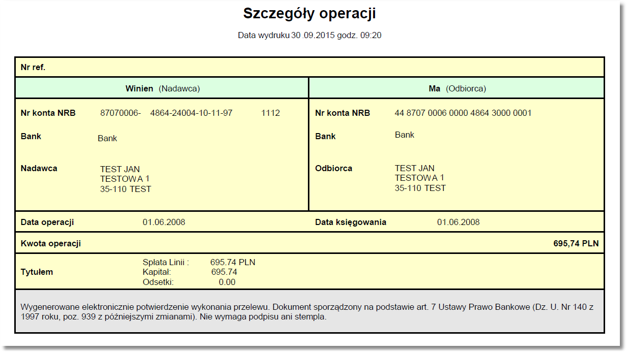 Wydruk szczegółów operacji składa się z następujących elementów: 1. Tytuł wydruku o treści "Szczegóły operacj i" znajdujący się w górnej części wydruku 2. Data i godzina wydruku np. "Data wydruku 30.