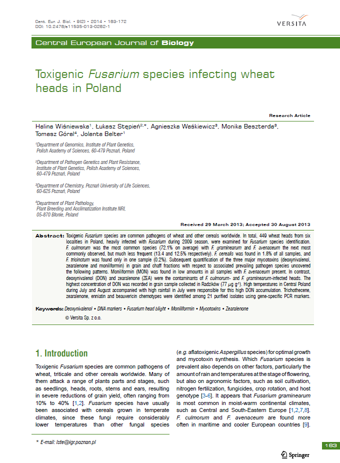 , Buśko M., Góral T., Kaczmarek A., Jeleń H. 2012. Differences in metabolomic profiles of the naturally contaminated grain of barley, oats and rye. Journal of Cereal Science. 56: 544-551. [40 pkt.