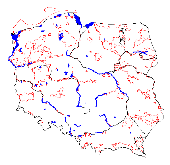 Rycina 47. Rozmieszczenie obiektów w ramach monitoringu ptaków zimujących na śródlądziu w roku 2010. Kolorem czerwonym zaznaczono obrysy granic OSOP Natura 2000. I1.