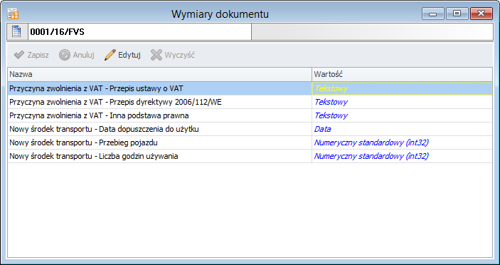 daży, zakupu, zamówień obcych, zamówień własnych. Domyślnie dodane są wymiary dla dokumentów sprzedaży, aby móc z nich skorzystać należy w ustawieniach oznaczyć je jako Aktywne.