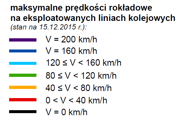 Rysunek 19 Maksymalne prędkości rozkładowe na eksploatowanych liniach kolejowych w