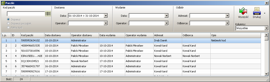 Okno Paczki. Dane o paczkach można filtrować wg następujących parametrów: Kod paczki Możliwe jest wpisania początku lub dowolnej części kodu paskowego paczki.