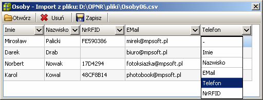 W tym oknie wpisuje się podstawowe dane osoby, jak imię, nazwisko i telefon, a także następujące informacje wykorzystywane w programie: Nr RFID karty Numer personalnej karty używanej do