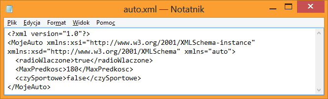 122 Programowanie obiektowe język C# Przykład 2.55 przedstawia wykorzystanie formatera XML, a rysunek 2.34 wynikowy plik XML. Należy pamiętać o dodaniu przestrzeni nazw: using System.Xml.