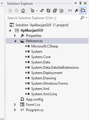 130 Programowanie obiektowe język C# Okienko Solution Explorer przedstwione jest na rysunku 3.3. Rys. 3.3. Zasoby projektu i przestrzenie nazw automatycznie dołączane do projektu (podstawowe pliki źródłowe projektu to program.