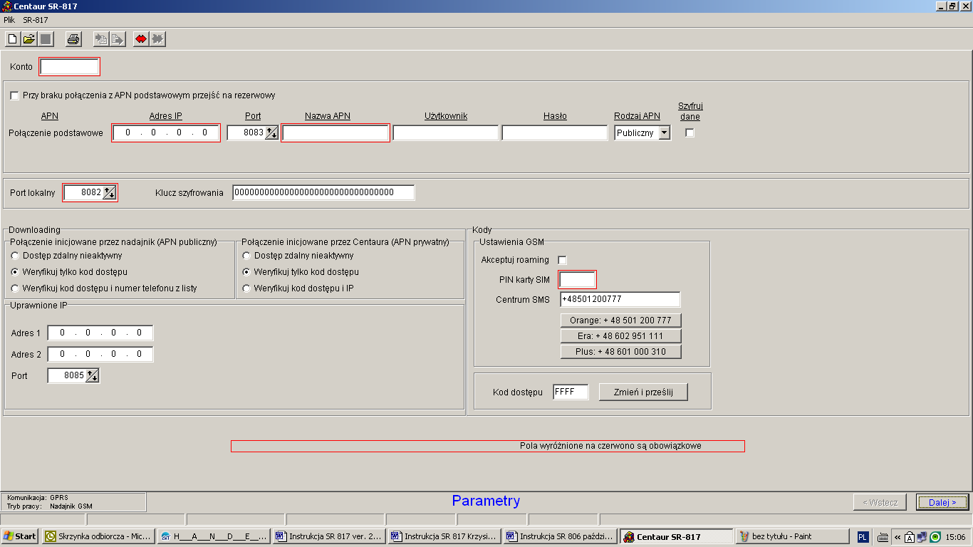 Krok 1 - Ustawienie parametrów komunikacji Pojawi się poniższe okno Na czerwono zostały zaznaczone pola obowiązkowe, które należy wypełnić, aby była możliwa dalsza praca nad konfiguracją nadajnika i