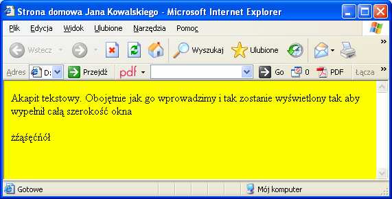 Kolor tła strony Wstawiając do znacznika <BODY> parametr BGCOLOR i nadając mu określoną wartość, moŝemy zmienić kolor całej strony.