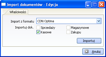 12-2 pokazuje okno Import dokumentów, w którym należy wybrać: wymagany format (rodzaj systemu, z którego importujemy dane) oraz