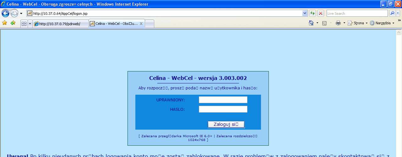 Po wybraniu CELINA-WebCel pojawi się okno logowania (widok jak poniŝej). NaleŜy wypełnić pola Uprawniony (LOGIN) oraz hasło. Następnie naleŝy nacisnąć przycisk Zaloguj się.