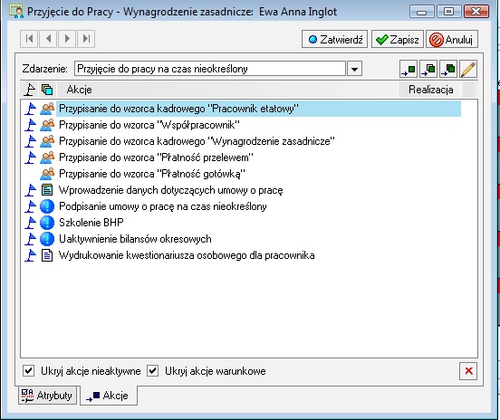 I zdolnej zakładki AKCJE Otwiera się zakładka z elementami przypisania dla pracownika, które po przeczytaniu należy