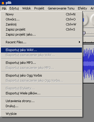 Do tego momentu cofnęliśmy się. Tym razem krzyżykiem zamykamy lewy kanał i przy prawym w menu wy - bieramy Mono. Eksportujemy prawy kanał jako wav.