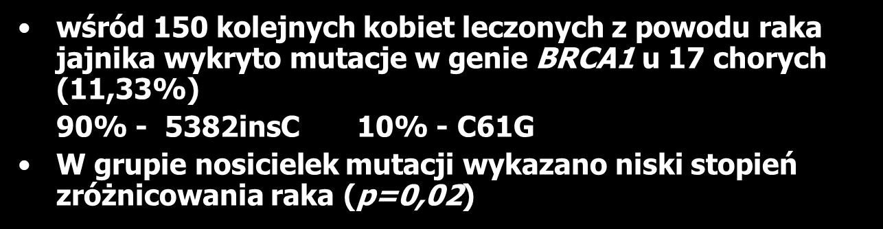 mutacje BRCA1 w Polsce populacja polska jest jednorodna etnicznie obserwuje się zdecydowanie większą częstość kilku mutacji w Polsce są to mutacje: c.5382insc, c.