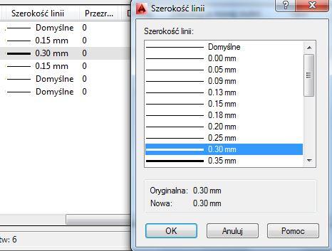 Kolejną ważna cecha każdej warstwy jest szerokość linii, która też nadaje charakter całemu rysunkowi, przykładowo linia konstrukcyjna nie będzie takiej grubości jak linia osiowa.