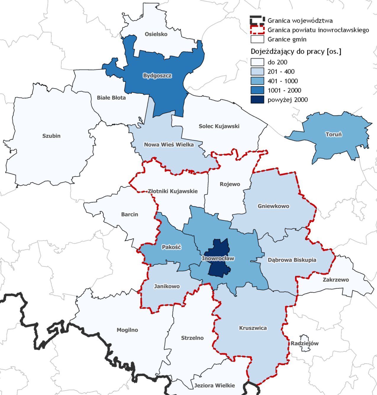 Mapa 5. Dojazdy do pracy mieszkańców gmin powiatu inowrocławskiego Źródło: opracowanie własne na podstawie dokumentu "Dojazdy do pracy.