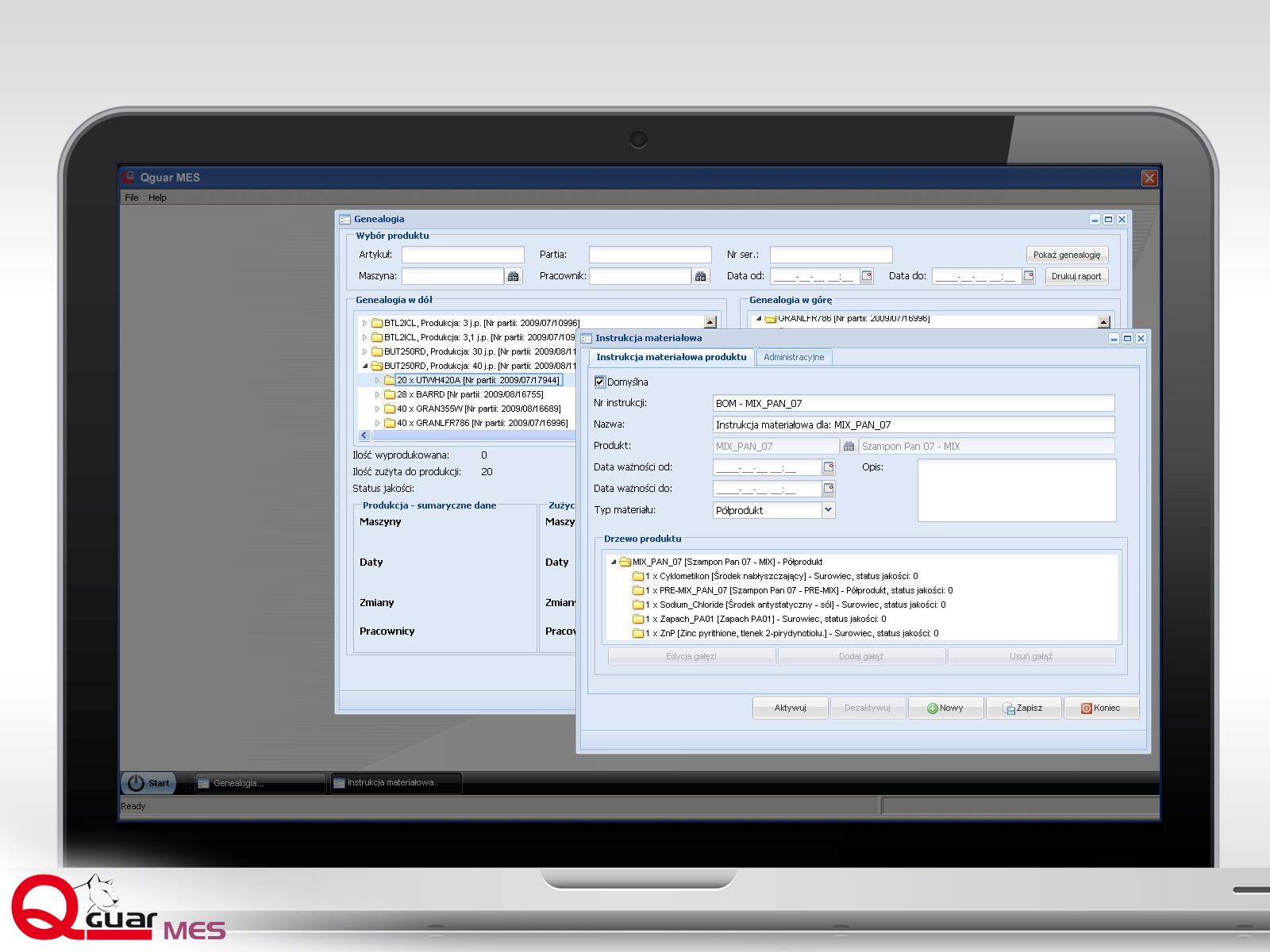 Zarządzanie produktami przykładowy ekran Zarządzanie BOM instrukcje materiałowe Zbieranie informacji o genealogii produktu