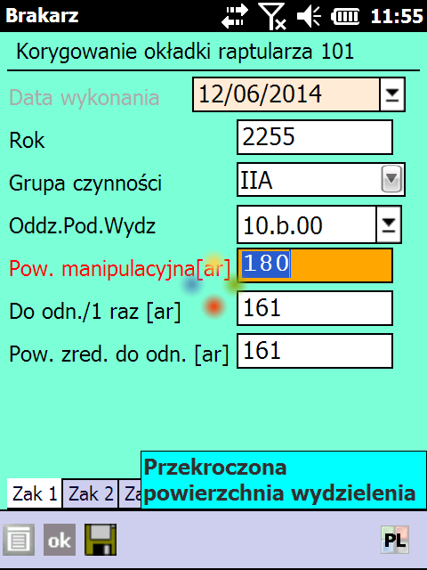 Ekran 14. Przekroczona powierzchnia wydzielenia W programie założono, że: powierzchnia do odnowienia/1 raz musi być mniejsza lub równa powierzchni manipulacyjnej.