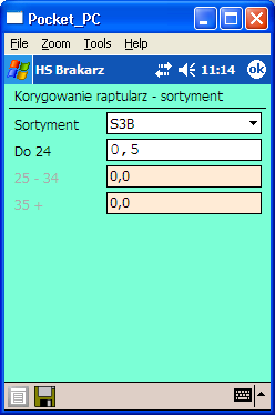 Ekran 33. Lista funkcji na liście sortymentów dla gatunku na raptularzu wg porównań Podczas korekty sortymentu, wyświetlana jest proponowana masa w poszczególnych klasach grubości.