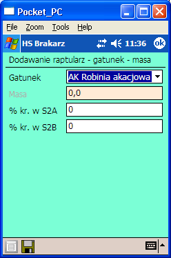 <Otwórz> - uruchomienie funkcji związanych z wpisywaniem mas <Dodaj> - dodawanie gatunku <Koryguj> - uruchomienie korekty nazwy gatunku <Usuń> - usunięcie informacji związanych z gatunkiem <Drukuj> -