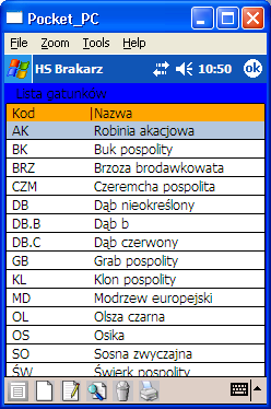 raptularzy. Założono, że leśniczy prowadzi słownik gatunków samodzielnie, stosując własne nazwy i ustalając dowolnie kolejność gatunków na tablecie.