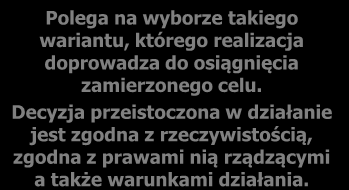 Racjonalność w sensie metodologicznym podejmowania decyzji To taki wybór działania, który dokonany został w dobrej wierze, na podstawie dostępnych dla decydującego informacji i zgodnie z zasadami