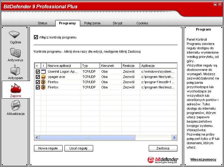 Moduł Zapora 09 Na dole sekcji możesz obejrzeć statystyki BitDefender dotyczące ruchu i programów.