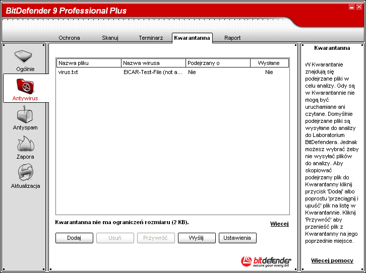 Moduł Antywirus 07 7.3. Kwarantanna Aby uzyskać dostęp do tej sekcji kliknij zakładkę Kwarantanna w module Antywirus.