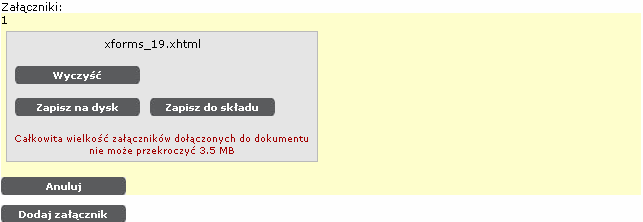 Krok 13. Przy załączniku który będzie usuwany z dokumentu naciśnij przycisk Wyczyść (Rysunek 27). System wyświetli komunikat Czy na pewno chcesz usunąć załącznik?