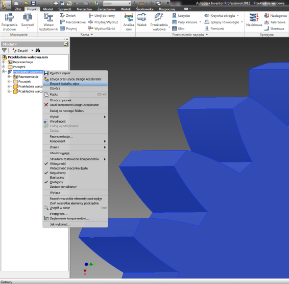 Cyfrowe modelowanie geometryczne zarysu zębów 275 Przykładowa przekładnia została utworzona przez Design Accelerator, który wygenerował jej model z uproszczonym uzębieniem zębnika i koła.