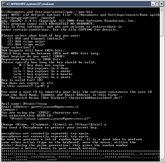 Wybierzmy więc opcję 0 = key does not expire klucz nie wygasa nigdy. Rys. 3 Generowanie pary kluczy. Teraz program zapyta nas o naszą toŝsamość i adres email.