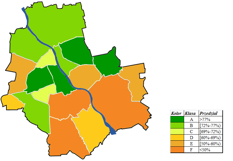 Rysunek 4. Wyniki badania urzędów miasta stołecznego Warszawy Źródło: Opracowanie własne na podst. mapy autorstwa M.Floryana, http://pl.wikipedia.org/wiki/plik:warszawa_podzial_administracyjny_2002.