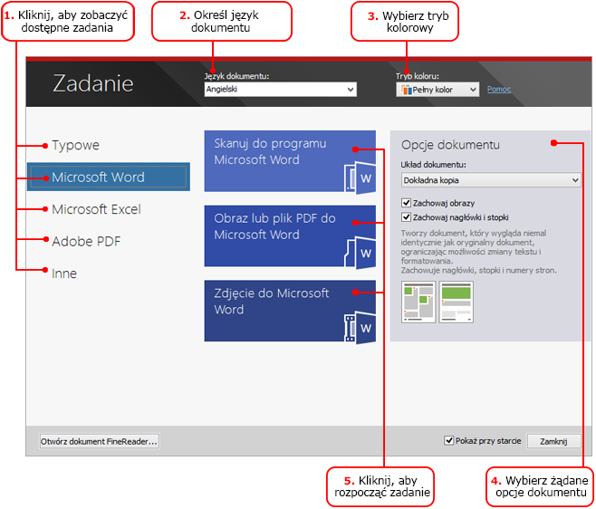 1. W oknie Zadanie kliknij kartę po lewej: o Karta Szybki start zawiera najczęściej używane zadania programu ABBYY FineReader.