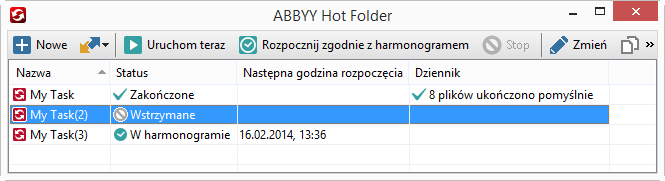 Okno główne programu ABBYY Hot Folder zawiera listę skonfigurowanych zadań.