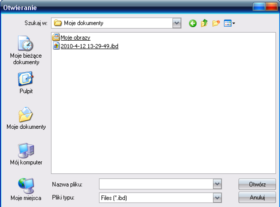 Otwórz plik W wyświetlonym menu wybierz Otwórz plik, możesz wybrać zapisaną wcześniej sesje z programem np. użyte strony. UWAGA: program zapisuje pliki z rozszerzeniem *.ibd.