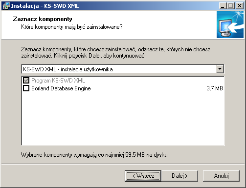 Rysunek 2 Okno instalacji programu SWD krok2 Następnie naleŝy określić komponenty, które mają być zainstalowane. UŜytkownik ma do wyboru dwie wersje: 1.