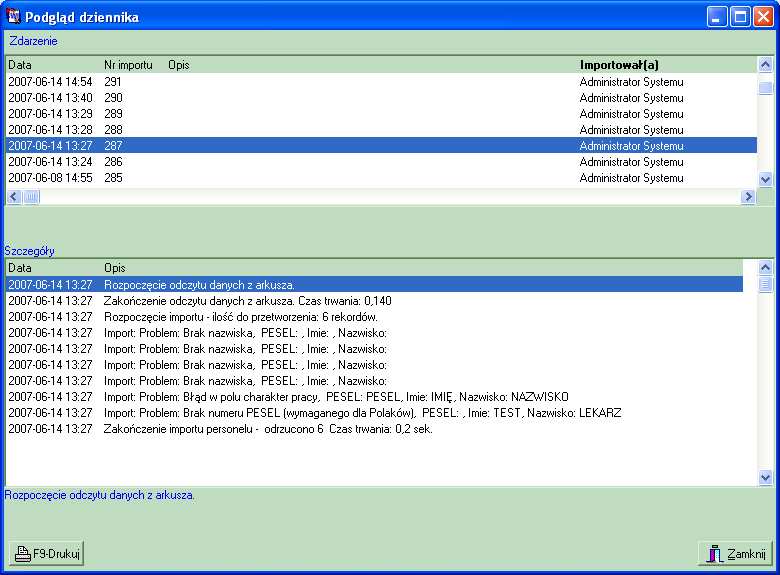 W programie jest dostępny dziennik główny, gdzie są zapisywane wszystkie przeprowadzone importy oraz dzienniki ostatnio przeprowadzonego importu pacjentów i deklaracji, wykonanych usług oraz