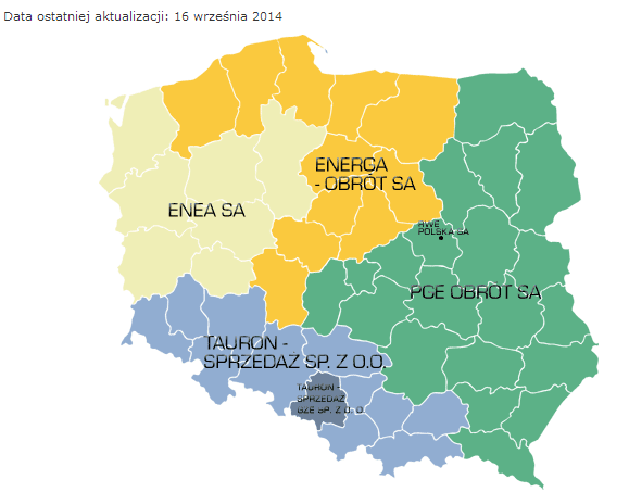 Zasięg terytorialny spółek zajmujących się dystrybucją energii elektrycznej przedstawia poniższa mapka.