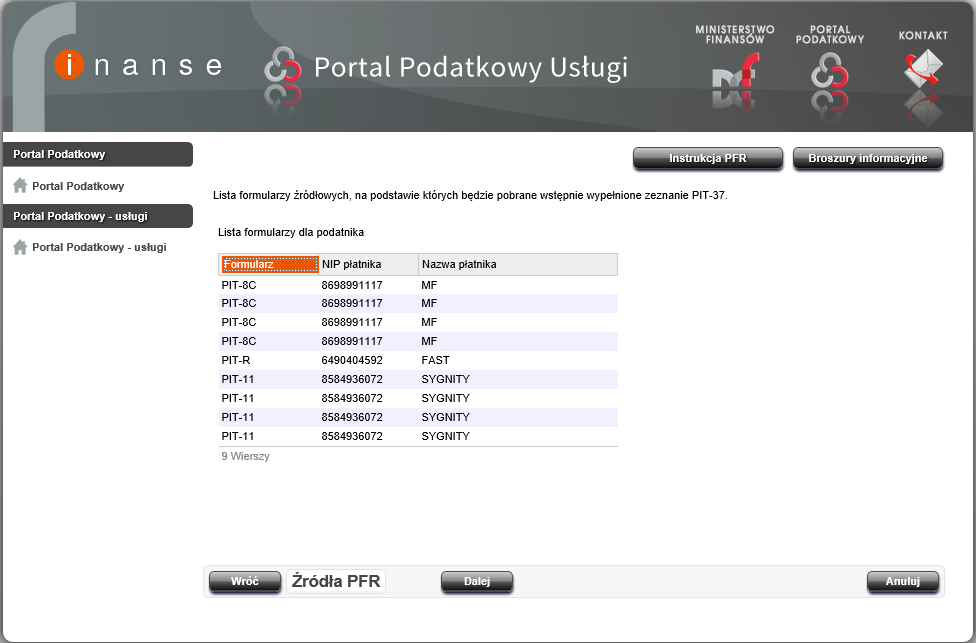 Rysunek 22 PFR PIT-37 źródła PFR Krok 9 Na ekranie zostanie wyświetlone okno z pytaniami o załączniki, które podatnik chciałby dołączyć do składanego