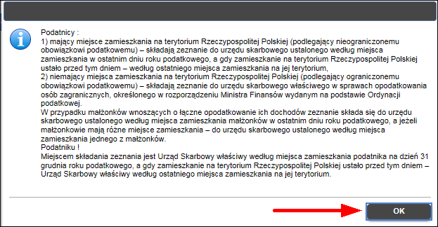 Krok 10 Na ekranie zostanie wyświetlone okno z informacją o miejscu składania zeznania.