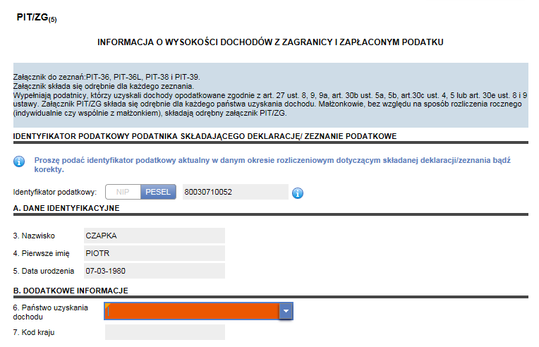 Rysunek 68 Podgląd załącznika PIT/ZG Należy uzupełnić